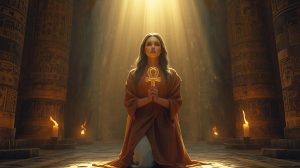Person kneeling and praying while holding a glowing golden Ankh, inside an ancient Egyptian temple with hieroglyphics and soft mystical light.