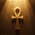 Golden Ankh symbol glowing with soft divine light, centered against a dark ancient Egyptian temple wall with carved hieroglyphics and warm sunlight rays.