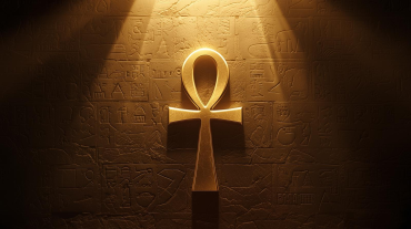 Golden Ankh symbol glowing with soft divine light, centered against a dark ancient Egyptian temple wall with carved hieroglyphics and warm sunlight rays.