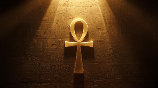 Golden Ankh symbol glowing with soft divine light, centered against a dark ancient Egyptian temple wall with carved hieroglyphics and warm sunlight rays.