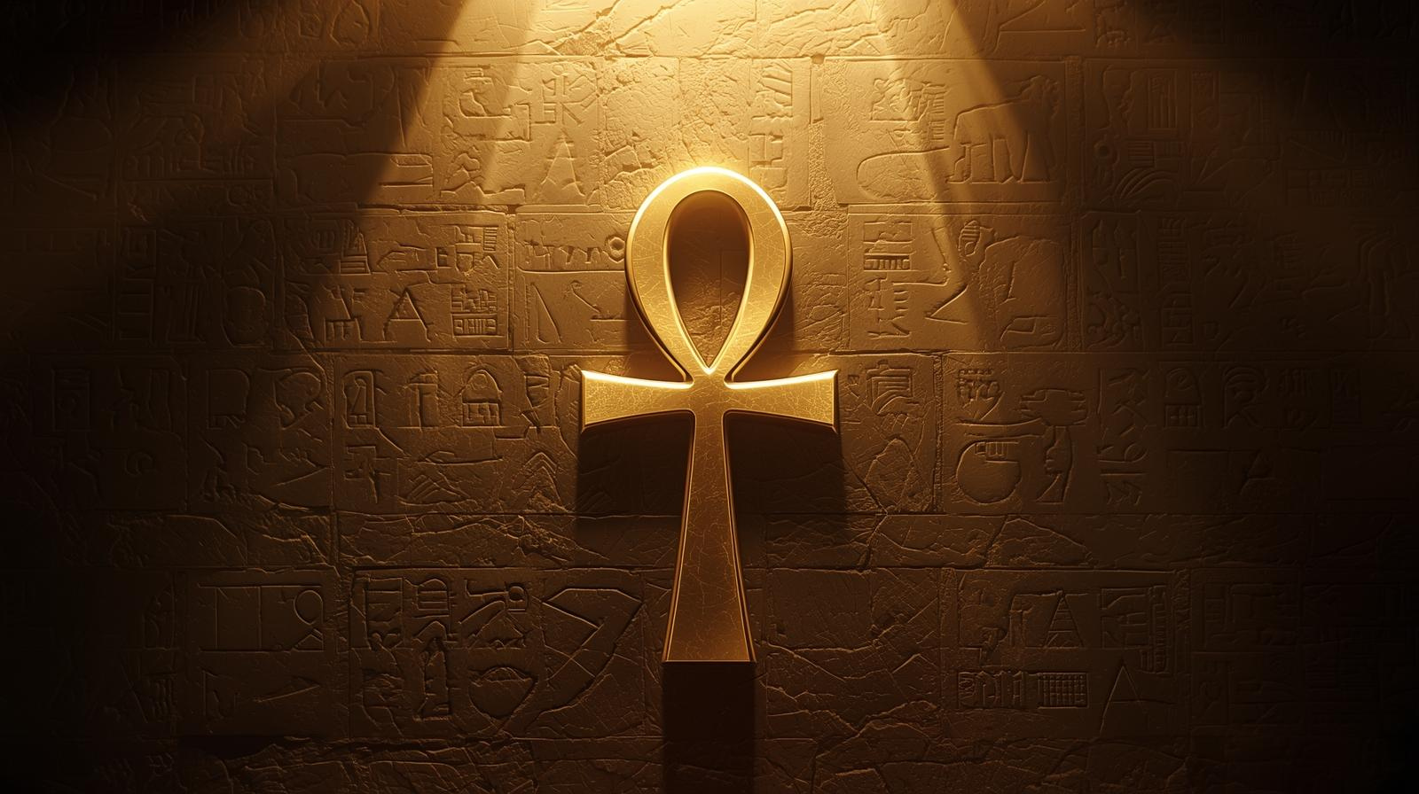 Golden Ankh symbol glowing with soft divine light, centered against a dark ancient Egyptian temple wall with carved hieroglyphics and warm sunlight rays.